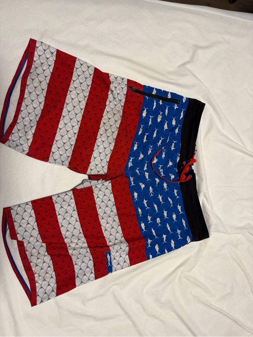 Pelagic Men’s Hybrid Shorts - Red, White & Blue Fish Pattern